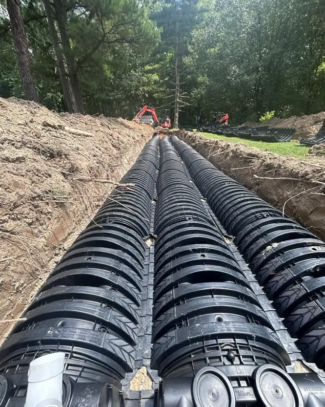 Rows of drain field chambers laid in a trench